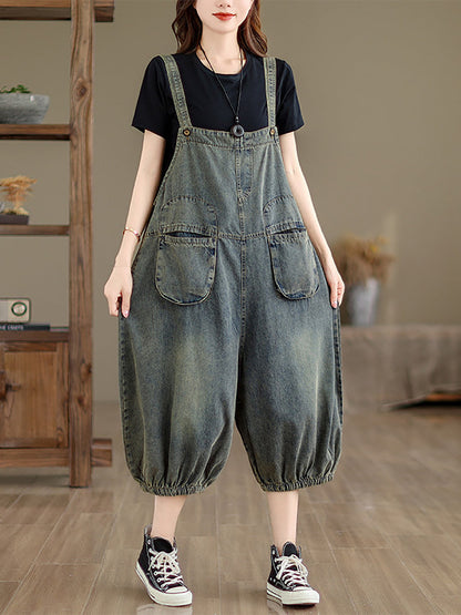 Women Retro Summer Solid Pocket Denim Jumpsuits FG1035