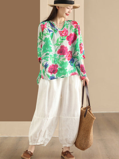 Women Summer Flower V-Neck Ramie Loose Shirt OO1035