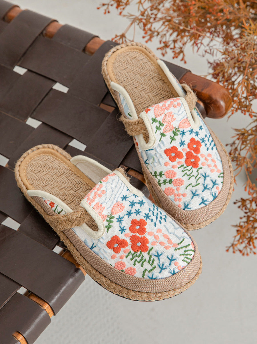 Cotton Ethnic Flower Embroidery Women Slippers Summer