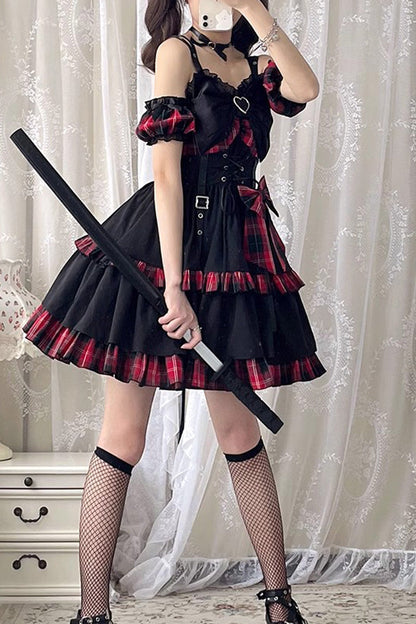 Crimson & Charcoal Tartan Contrast Leather Buckle Bow Ruffle Goth JSK