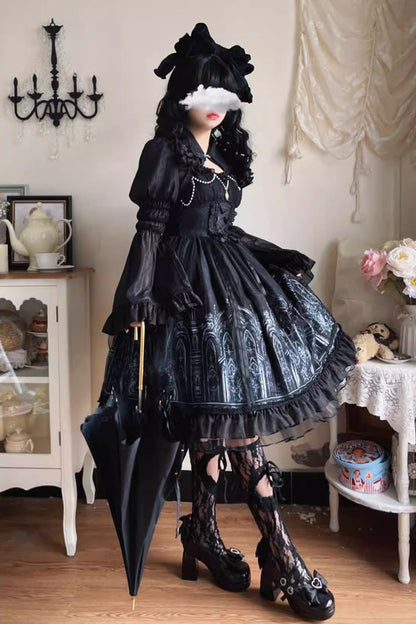 Nocturnal Church Print Ruffle JSK Gothic Dress