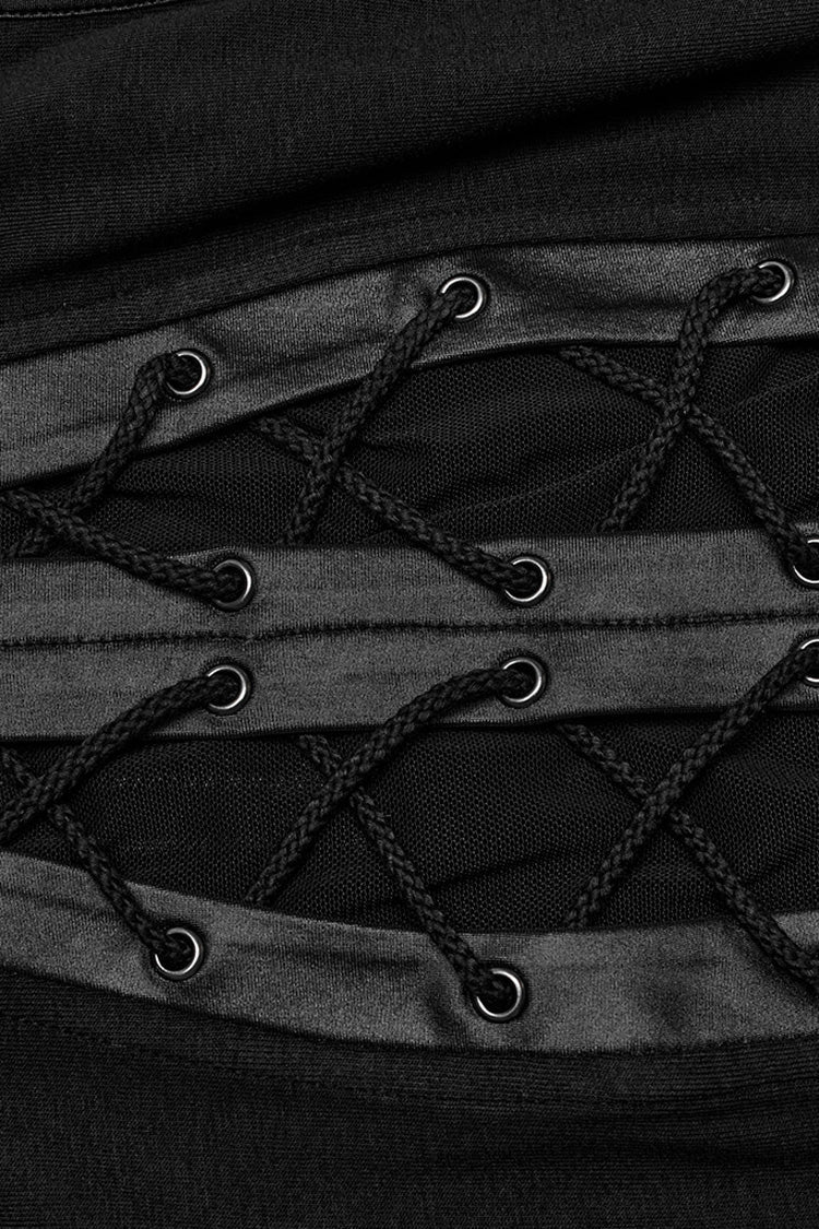 Women's Black Punk Tank Top, Lace-Up with Ripped Details and High Collar