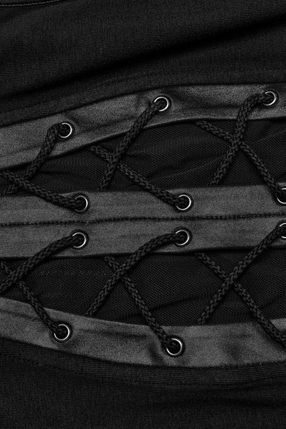 Women's Black Punk Tank Top, Lace-Up with Ripped Details and High Collar