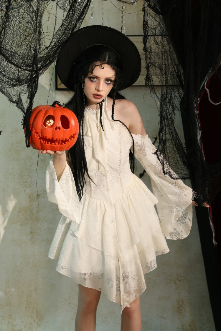 Steampunk Women's Dress with Halter Off-Shoulder Lapel Collar & Flare Sleeves, Cream