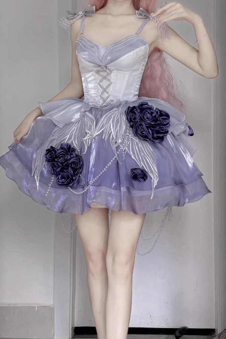 Embroidery Bowknot Lace-Up Sweet Ballet Lolita JSK Dress in Misty Purple Swan Wonderland - Short