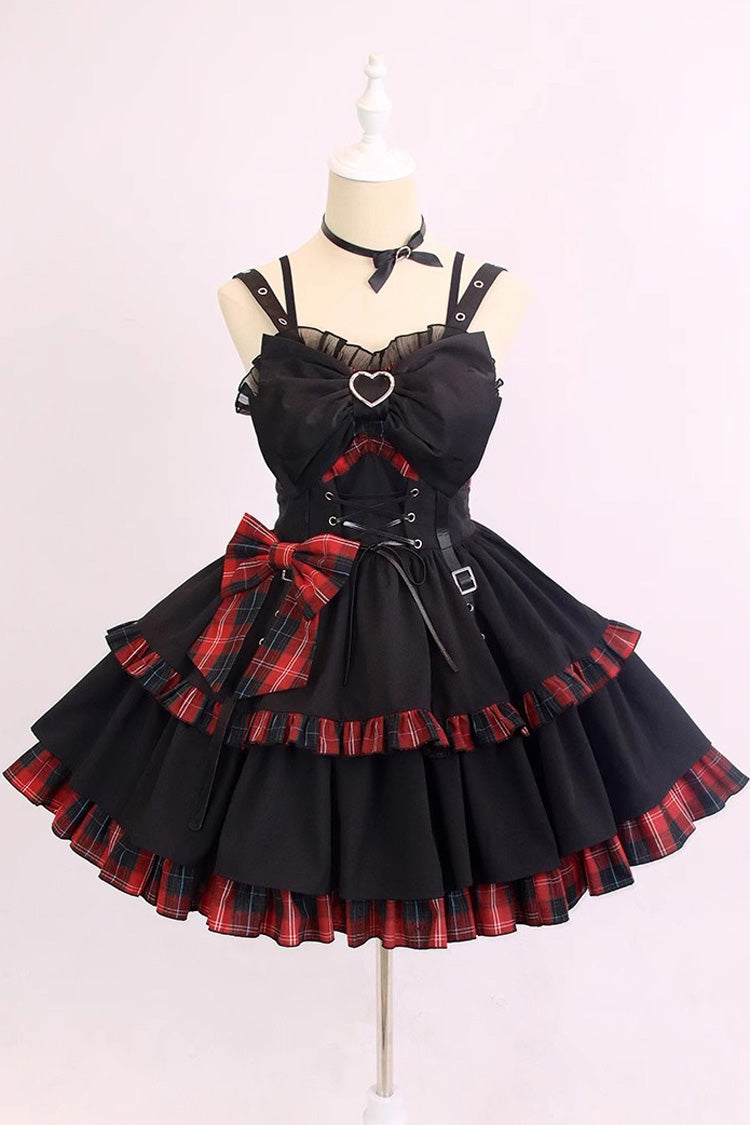 Crimson & Charcoal Tartan Contrast Leather Buckle Bow Ruffle Goth JSK
