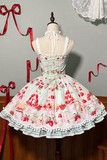 Natural Waisted Ruffle Bowknot Sweet Lolita JSK Dress with Strawberry Dessert Print - 4 Colors