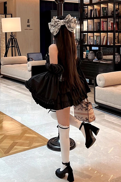 Ebony Printed Embroidered Bow Princess Strapless Gown - Gentle Treasure