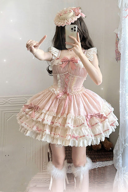 Blush Double-Layered Ruffle Bow Lace-Up Ballerina JSK - Flory Butterfly