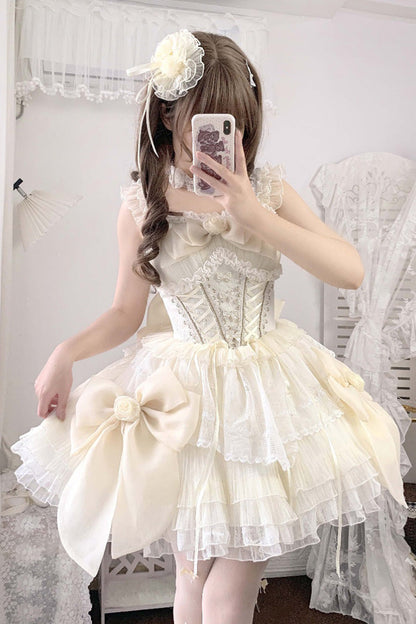 Sweet Princess Lolita JSK Gown with Multi-Layer Ruffles, Hanayome Bow & Lace-Up