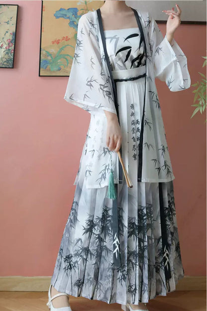 Classic Hanfu Gown Featuring Chinese Calligraphy Print in Two Colors - SilkRoad