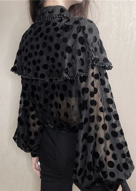 Patchwork Black Unique Velour Blouses Nail Collar Pan Bead Peter