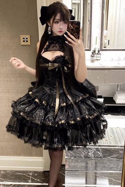 Gothic Princess Dress with Halterneck and Triple Ruffle Lace in Black
