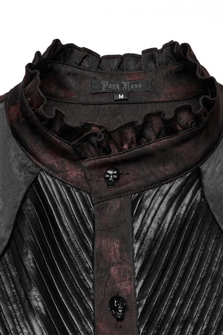 Crimson & Obsidian Stand Collar Long Sleeves Ruffle Pleated Gothic Blouse