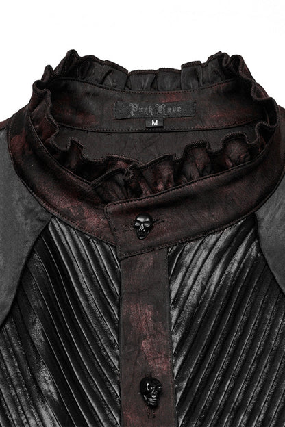 Crimson & Obsidian Stand Collar Long Sleeves Ruffle Pleated Gothic Blouse