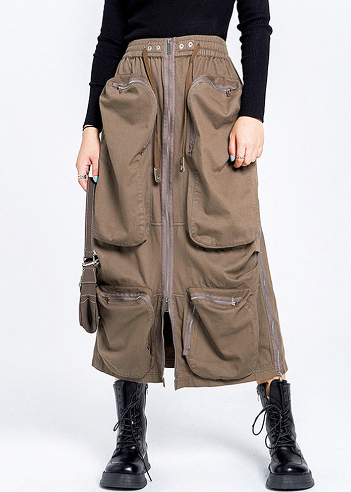 Summer Zippered Elastic Waist Skirt Pockets Loose Cotton Brown