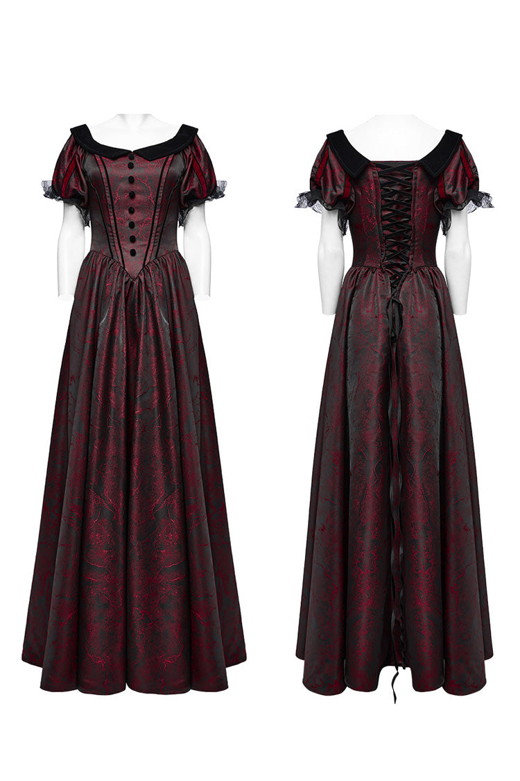 Crimson & Obsidian Short Puff Sleeves Lace-Up Gothic Dress