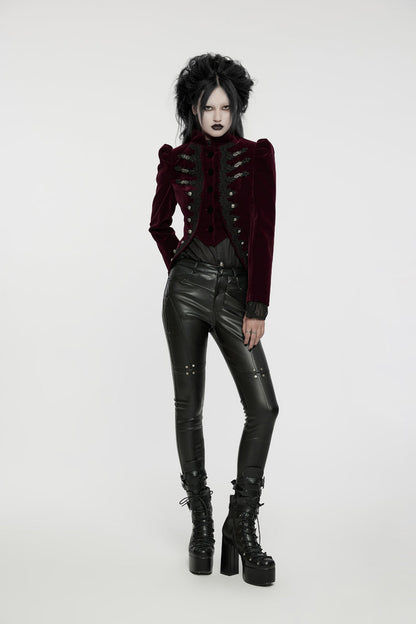Crimson High-Neck Gothic Swallowtail Coat for Women