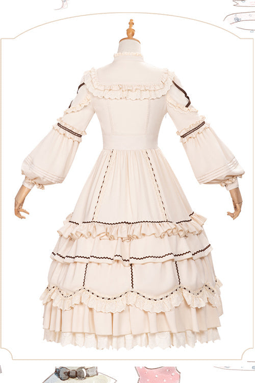 Tiered Sweet Lolita OP Gown with Removable Multi-Layer Ruffles & Lantern Sleeves, Cream