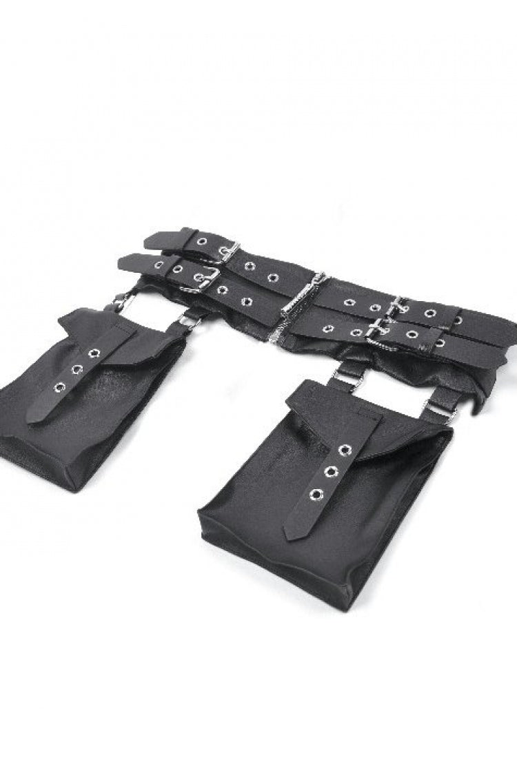 Women's Punk Leather Belt with Eyelet Buckle, Zipper and Side Pouches