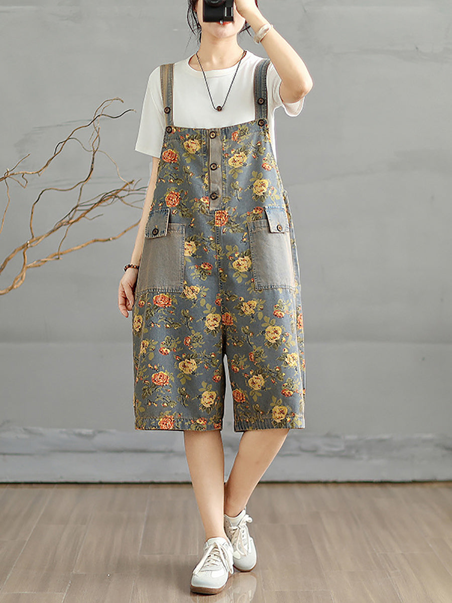 Denim Jumpsuits Short Artsy Women Flower Summer