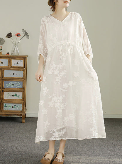 Women Summer Floral Embroidery Strap V-Neck Ramie Dress HH045