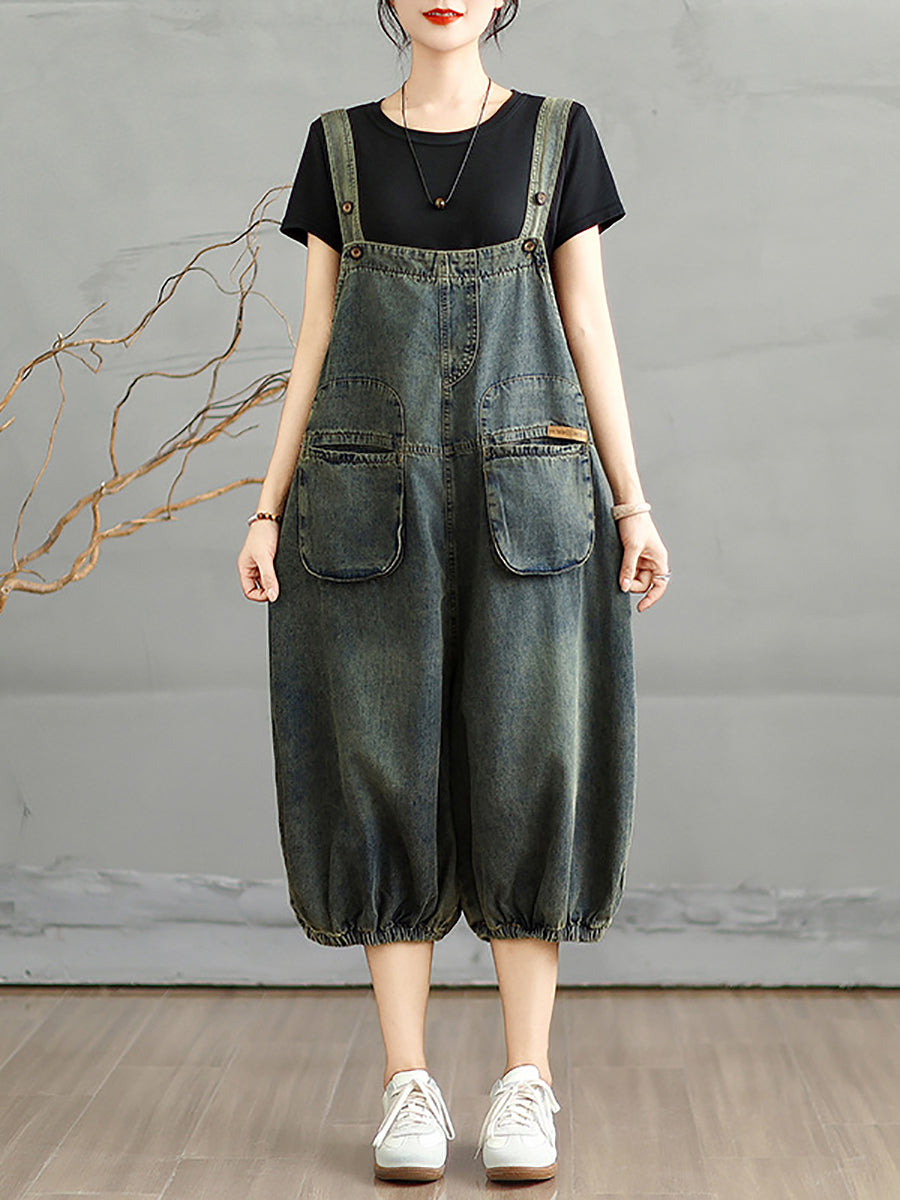 Jumpsuits Women Cropped Denim Pure Color Worn Summer