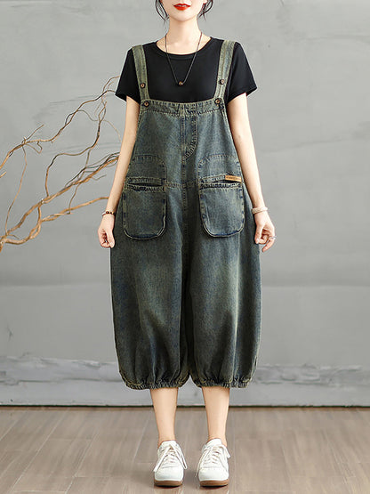 Jumpsuits Women Cropped Denim Pure Color Worn Summer