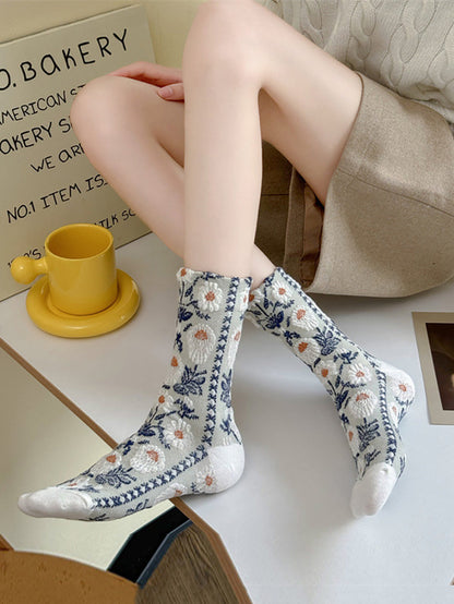 5 Paar Damensocken aus Baumwolle mit künstlerischem Blumenmuster, Jacquard-Muster, AI1084