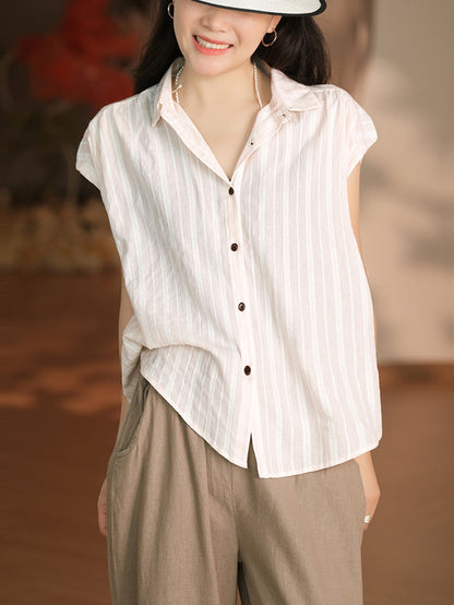 Women Summer Casual Stripe Button-up Cotton Shirt LL043