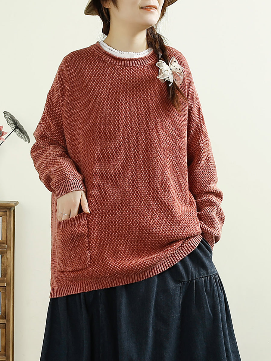 Women Casual Autumn O-Neck Solid Knit Sweater AT1025