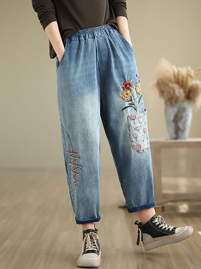 Women Autumn Artsy Flower Embroidery Denim Harem Pants AI1074