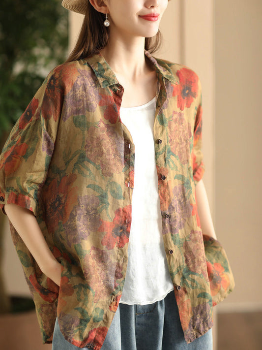 Women Summer Vintage Flower Patch Spliced Ramie Shirt FD039