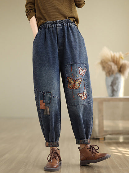 Women Autumn Artsy Butterfly Embroidery Denim Harem Pants AI1078