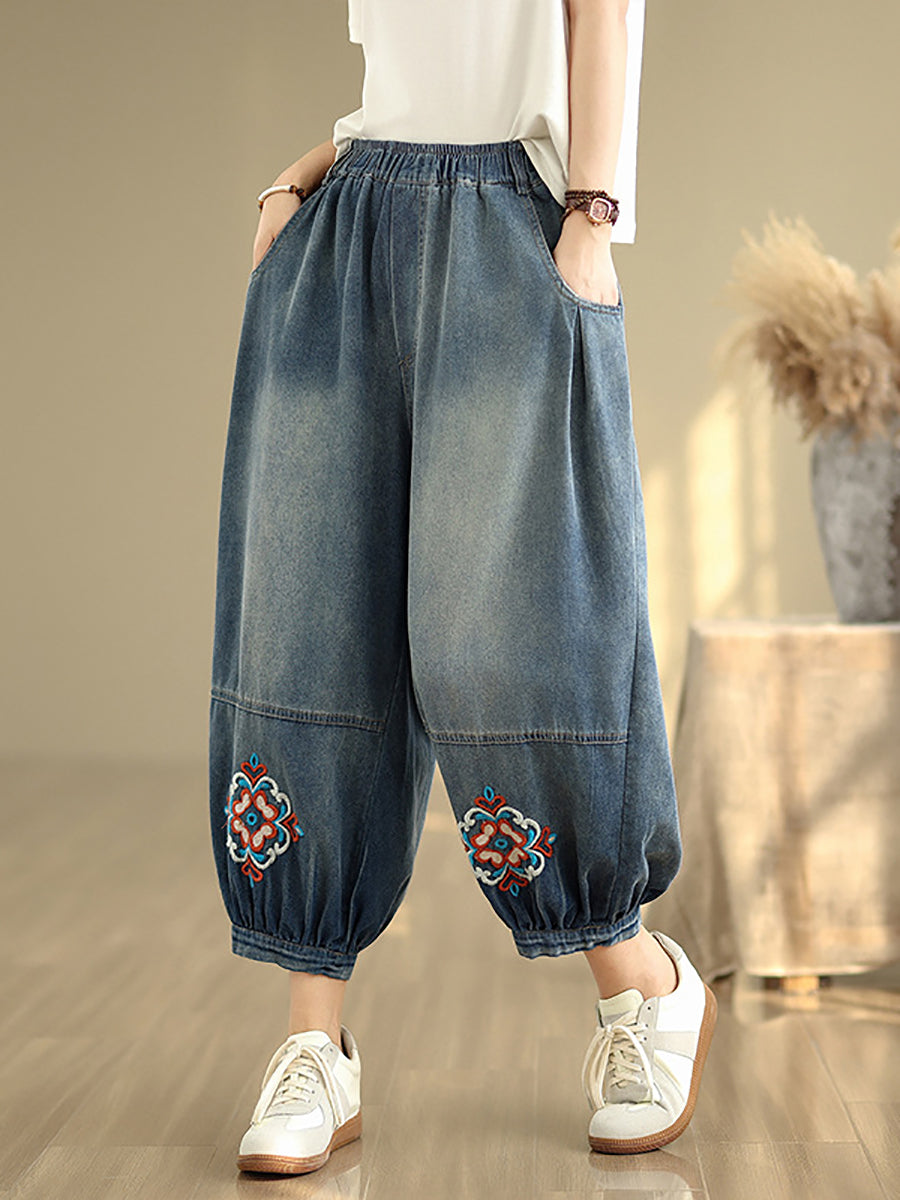 Denim Flower Women Pants Harem Embroidery Retro