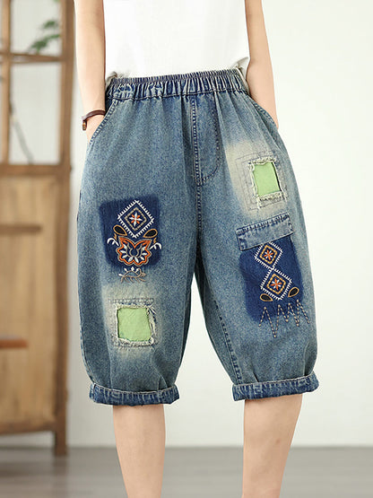 Denim Flower Retro Embroidery Fifth Women Pants Patchwork