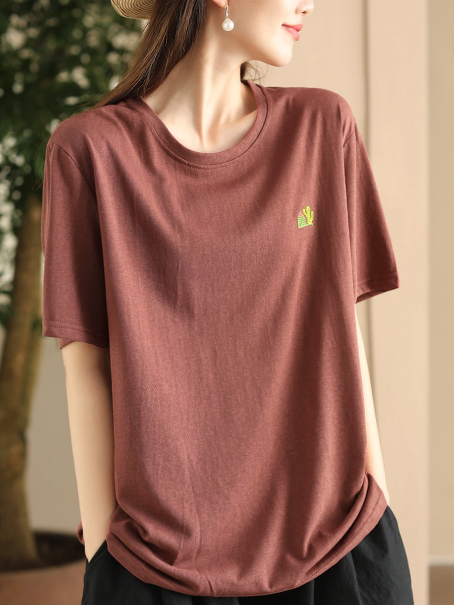 Women Summer Casual Solid Embroidery O-Neck Cotton Shirt CX060