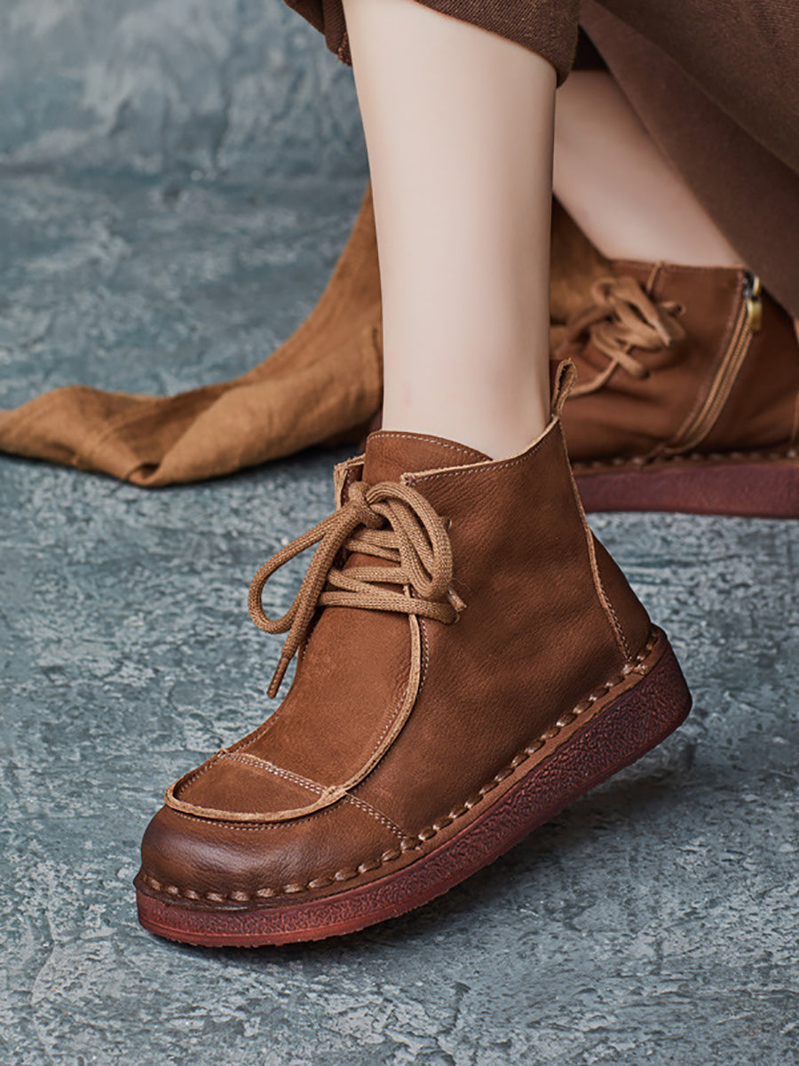 Women Winter Retro Leather Spliced Flat Boots QM025