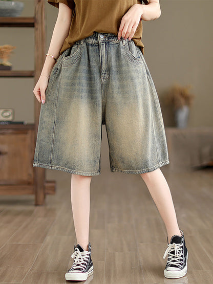 Women Summer Worn Denim Wide-leg Fifth Pants CC037