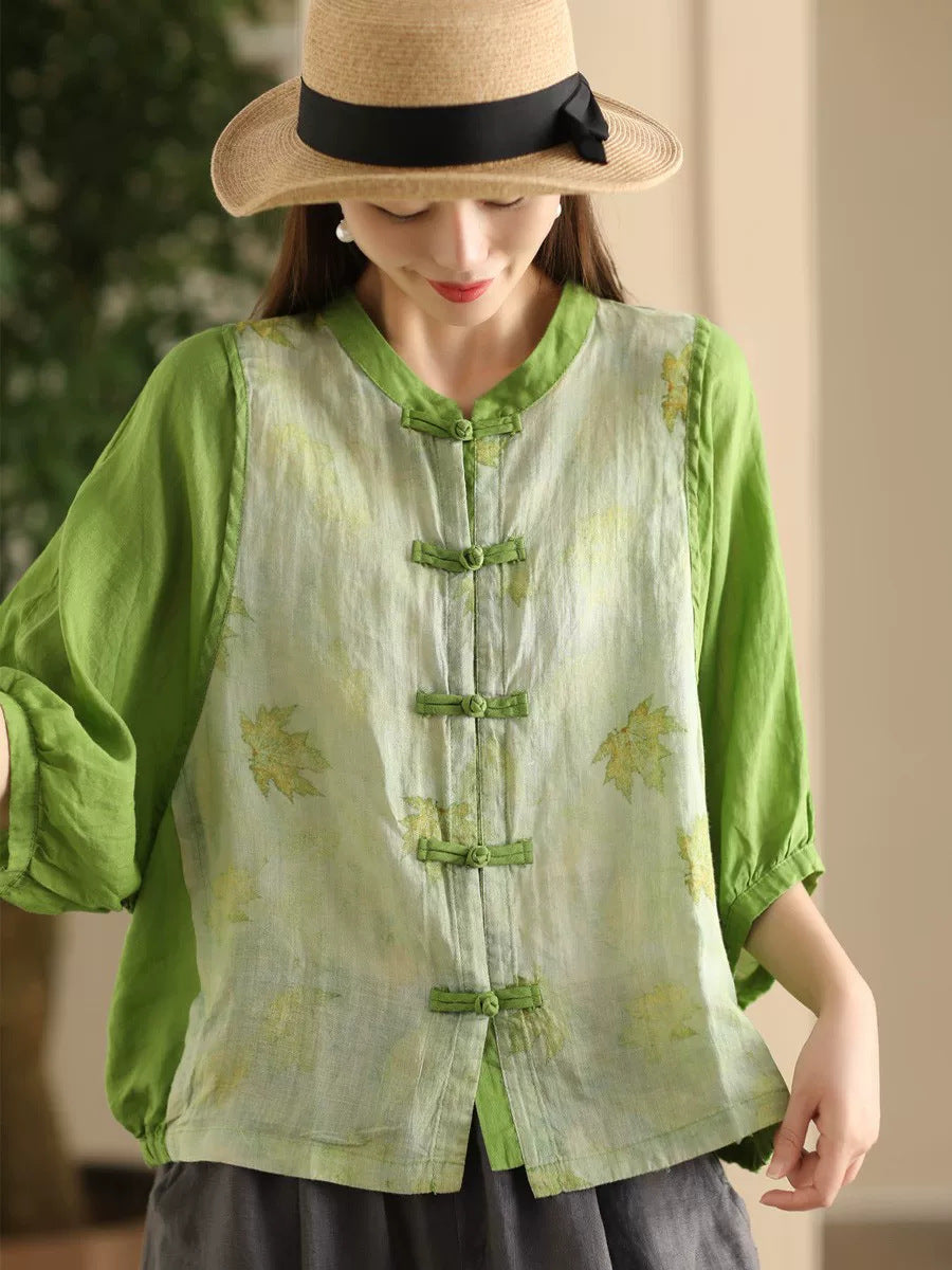 Women Summer Vintage Flower Spliced Button-up Ramie Shirt FD042