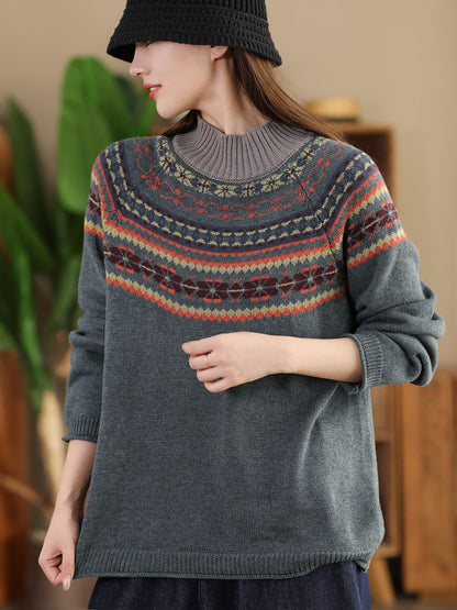 Women Vintage Autumn Jacquard Half Turtleneck Sweater AI1005