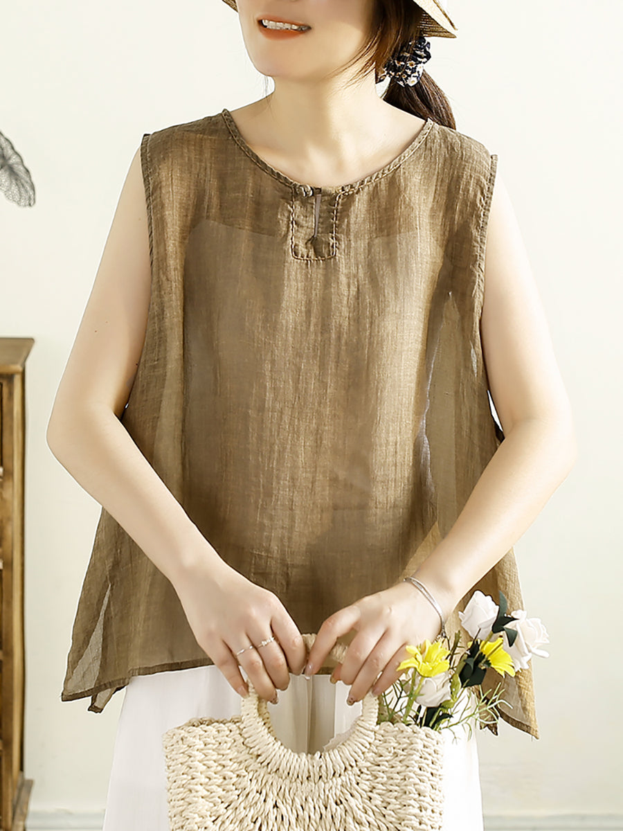 Women Summer Vintage Solid O-Neck Ramie Vest OO1044