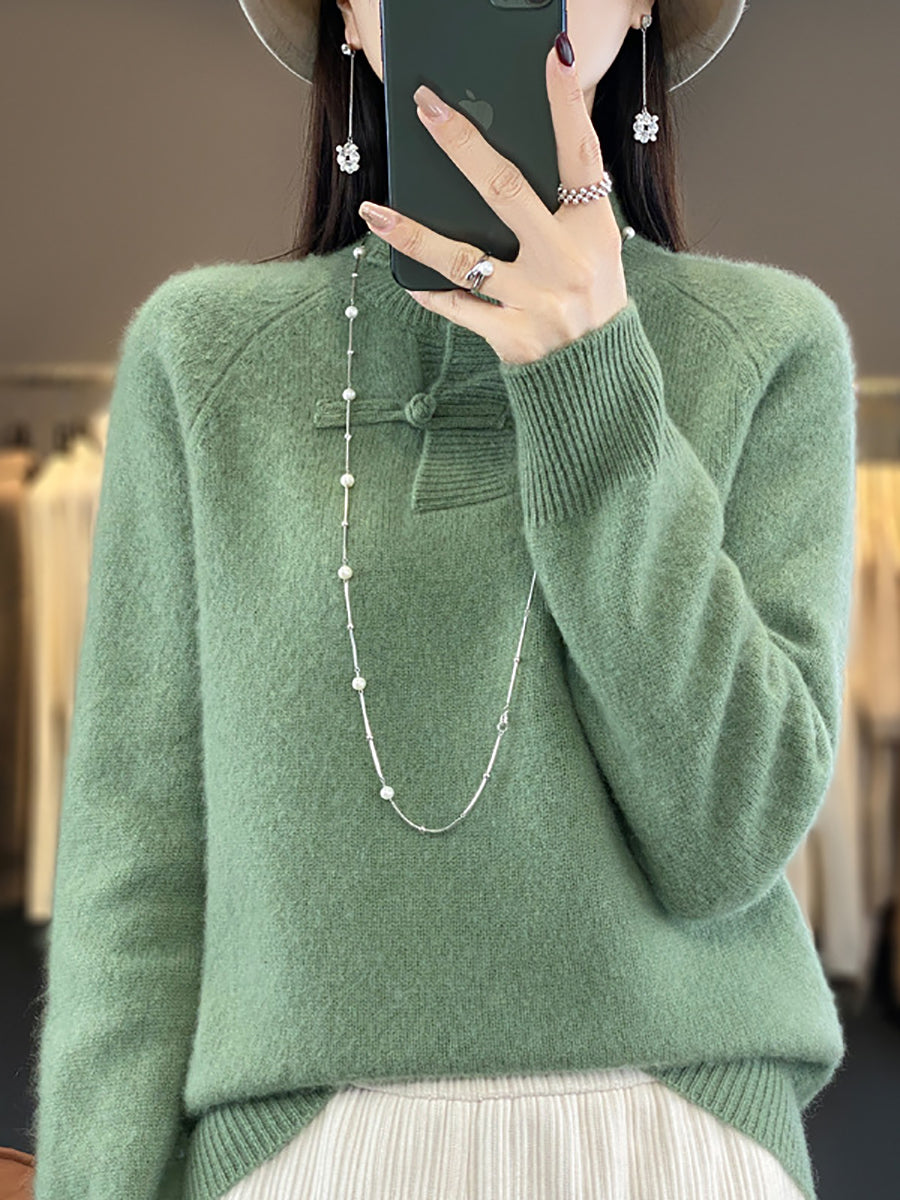 Women Autumn Vintage Half-Turtleneck 100%Wool Buckle Sweater BA1040