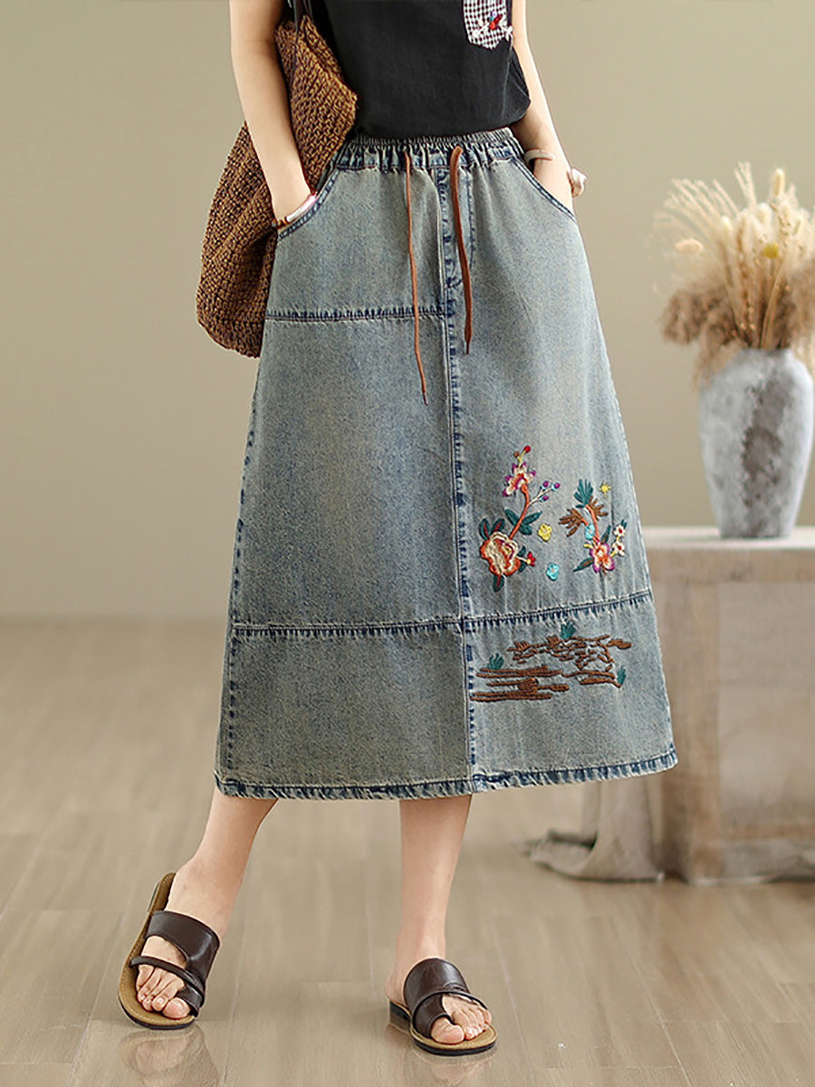 Denim Women Artsy Spring Flower Embroidery Skirt