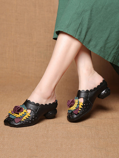 Women Summer Ethnic Leather Flower Spliced Low Heel Sandals FD014