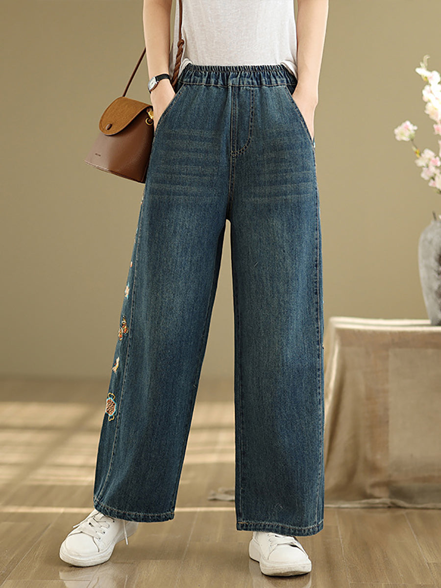 Pants Embroidery Women Wide-leg Retro Denim