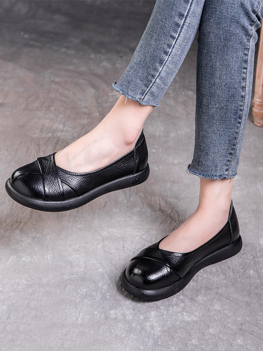 Spliced Genuine Cross Shoes Casual Women Flat Leather