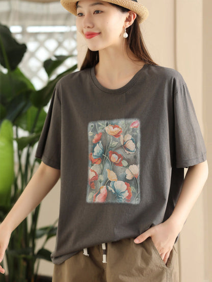 Women Summer Casual Flower Spliced Cotton Shirt CC031