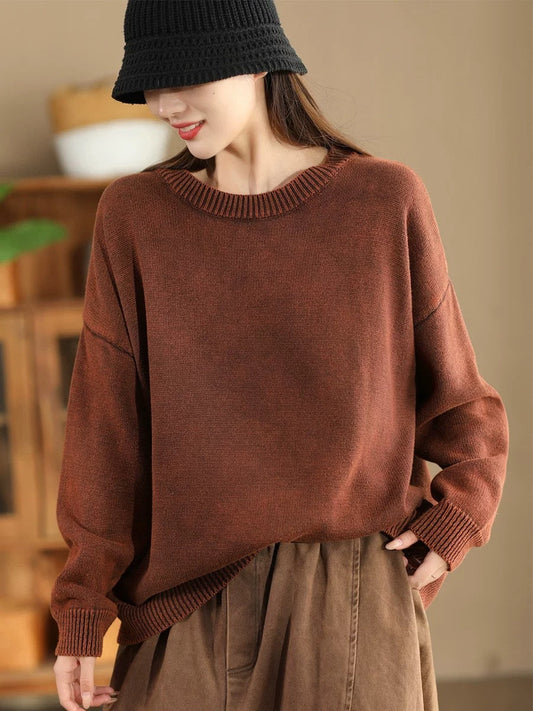 Women Autumn Casual O-Neck Pure Color Knit Sweater AK1028