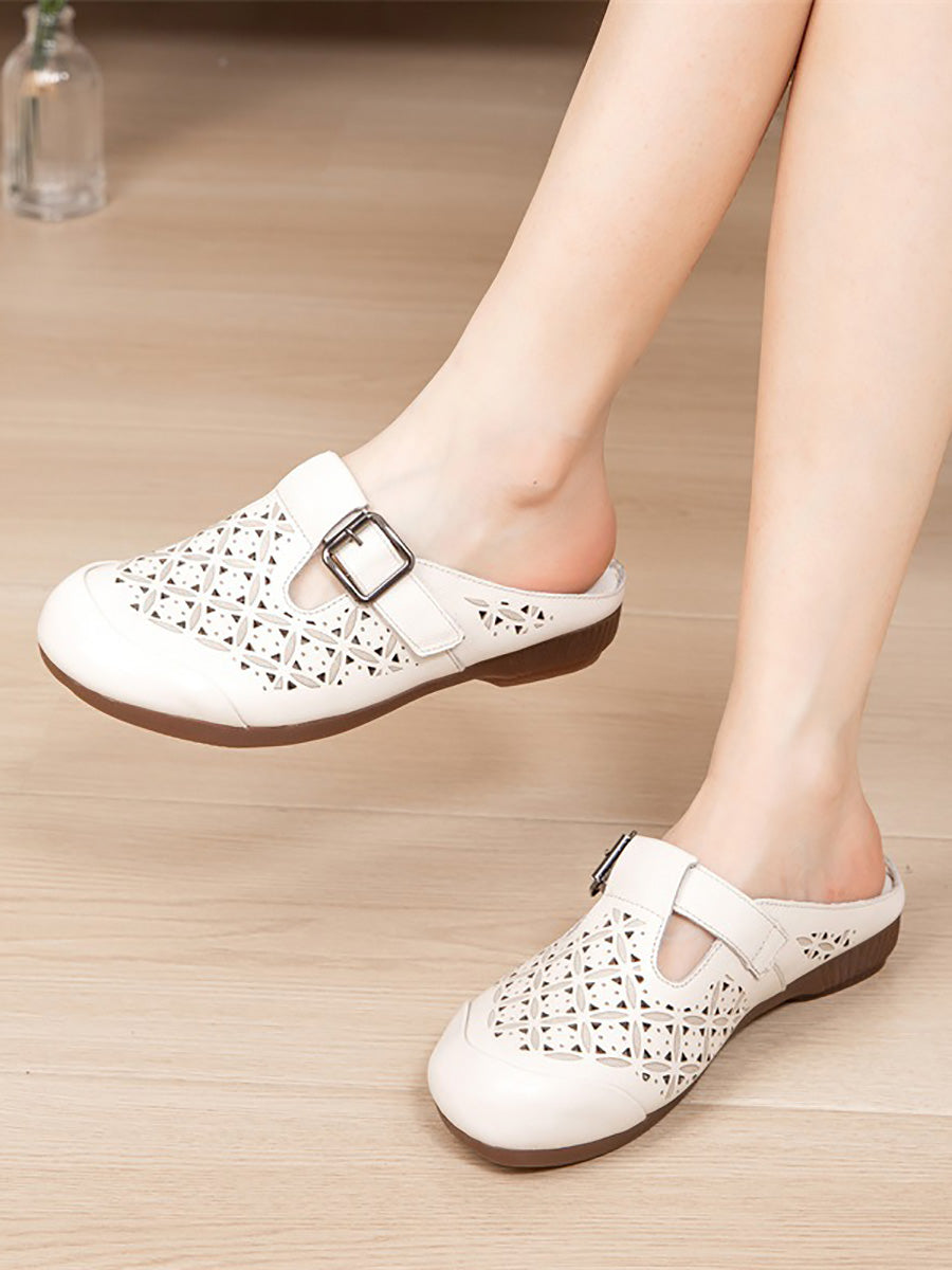 Heel Hollow Out Genuine Low Leather Women Shoes Vintage